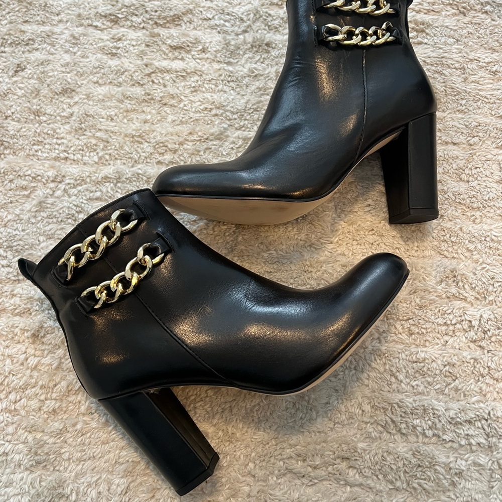 Black Leather Ankle Boots with Gold Chain Detail